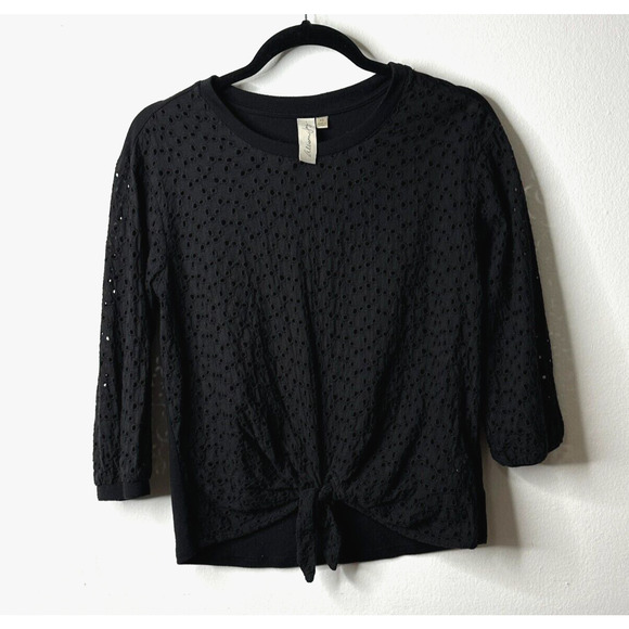 Allison Joy Black Eyelet Lace Front Tie 3/4 Sleeve Round Neck Blouse XS - Picture 2 of 10
